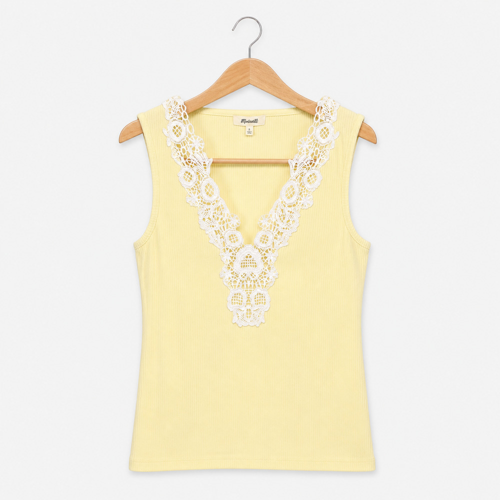 Madewell Lace Trim Tank Top Womens Small Yellow Ribbed V-Neck Balletcore NWT